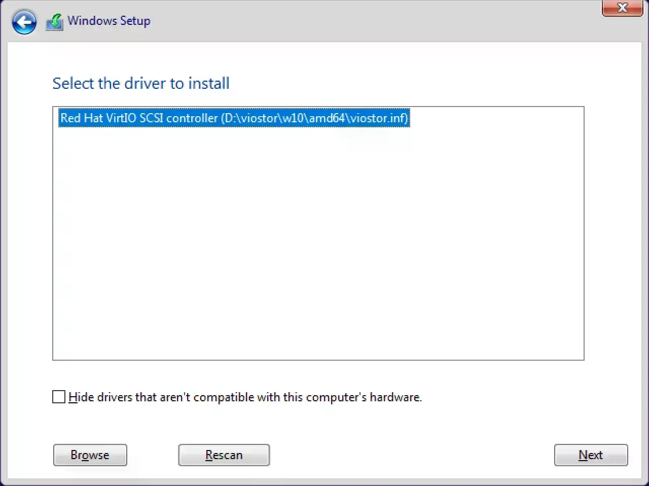 Windows Setup shows the detected Red Hat VirtIO SCSI controller driver selected for installation