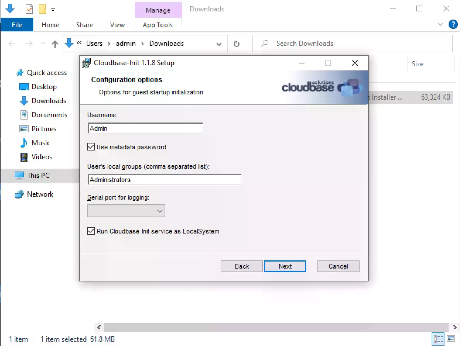 Cloudbase-Init Setup configuration options screen with Run Cloudbase-Init service as LocalSystem selected