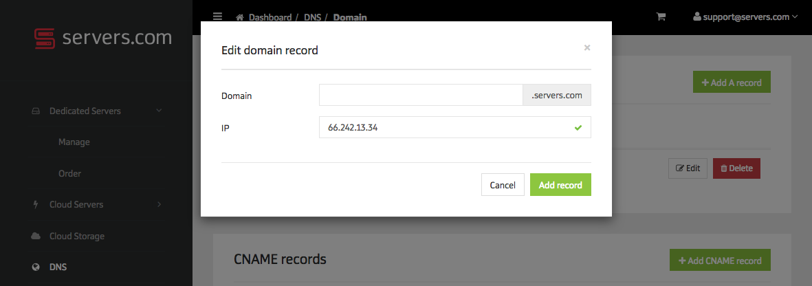 To point your domain name to your dedicated server's public IP address